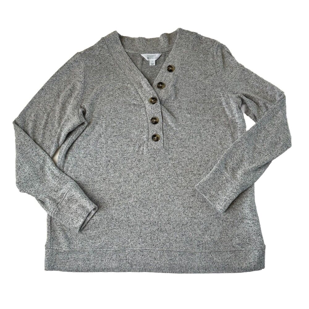 Market & Spruce Women's Henley Cozy Knit Top 3/4 Button Heather Gray Large
